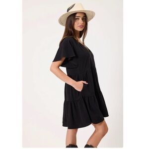 Universal Thread Black Linen Flutter Sleeve Tiered Mini Dress NWT